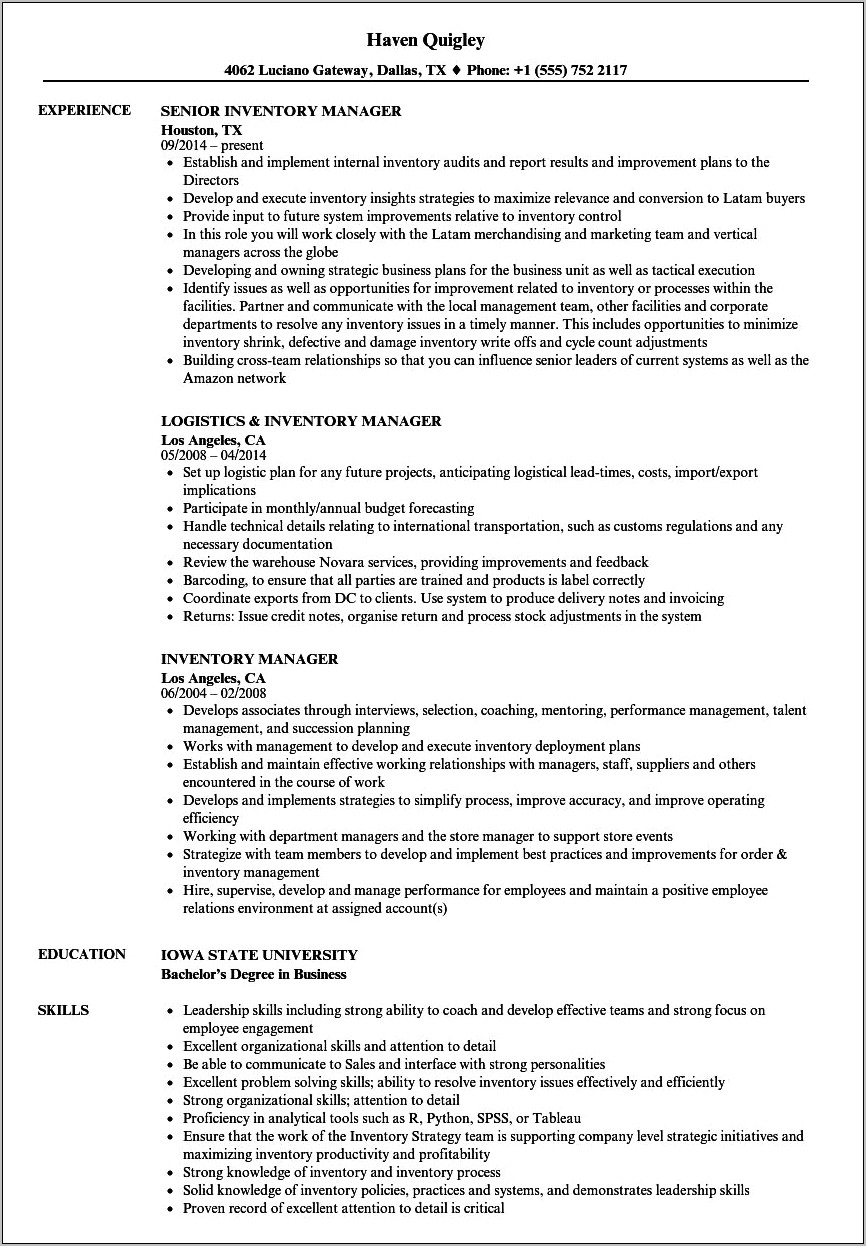 Inventory Management Specialist Federal Resume