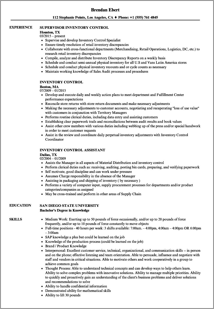 Inventory Management Specialist Resume Example