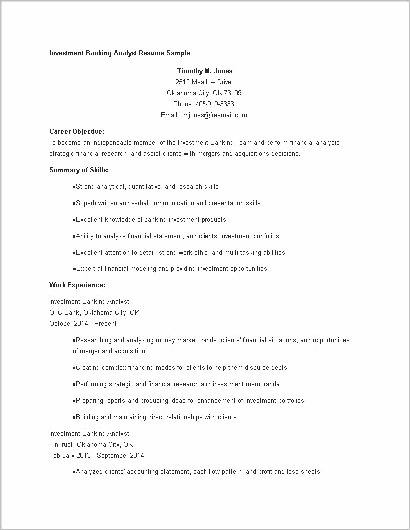 Investment Banking Analyst Resume Objective