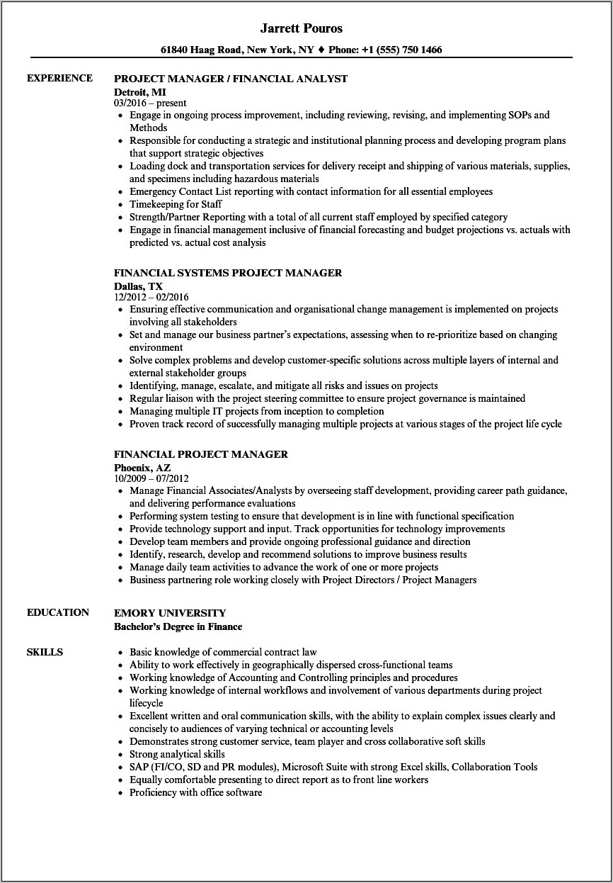 Investment Banking Project Manager Resume