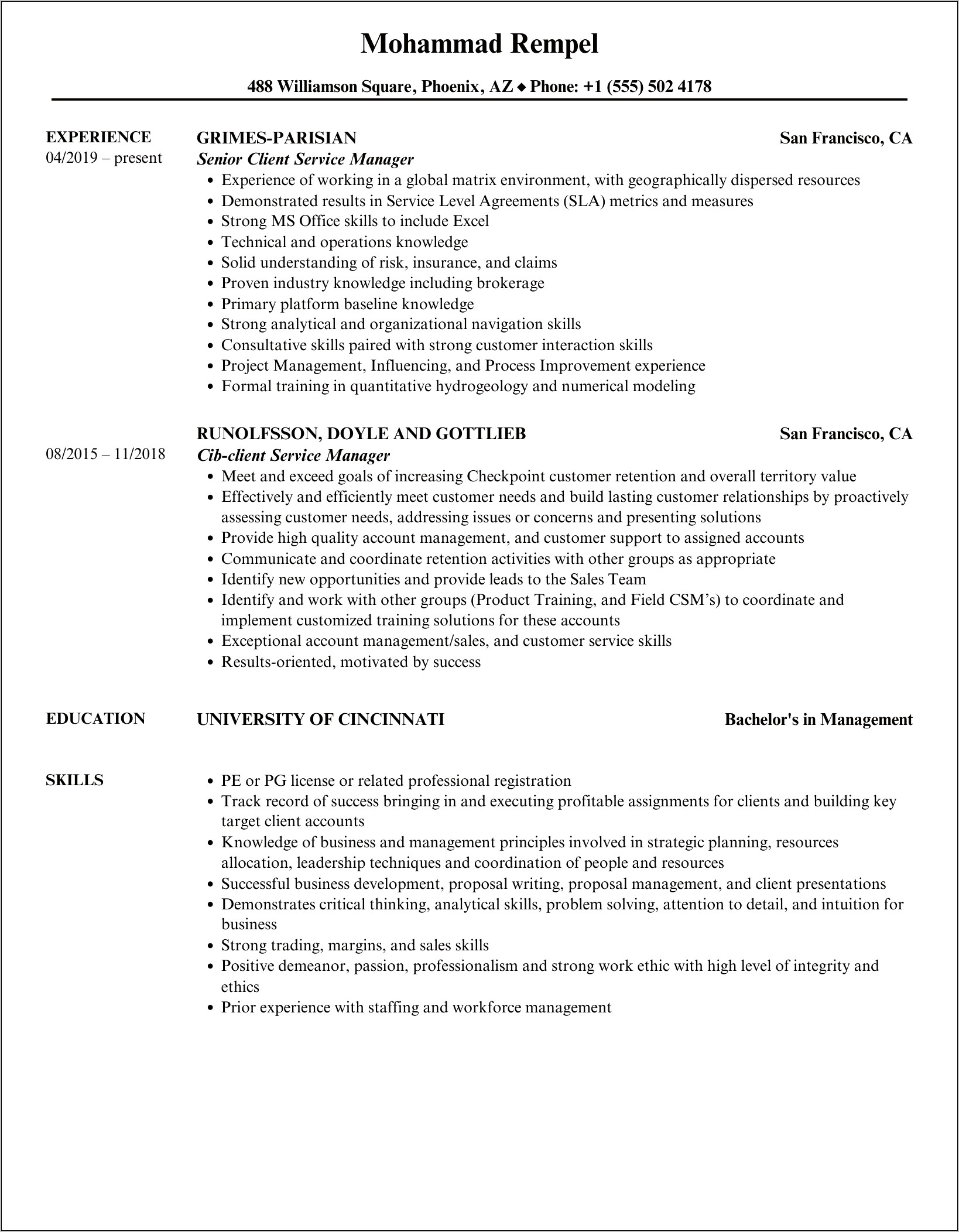 It Client Service Manager Resume