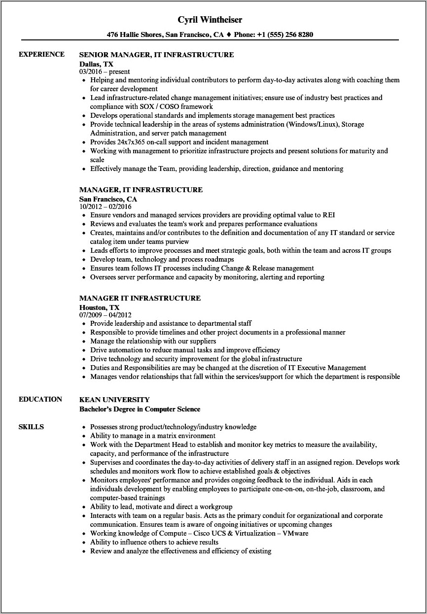 It Infrastructure Operations Manager Resume
