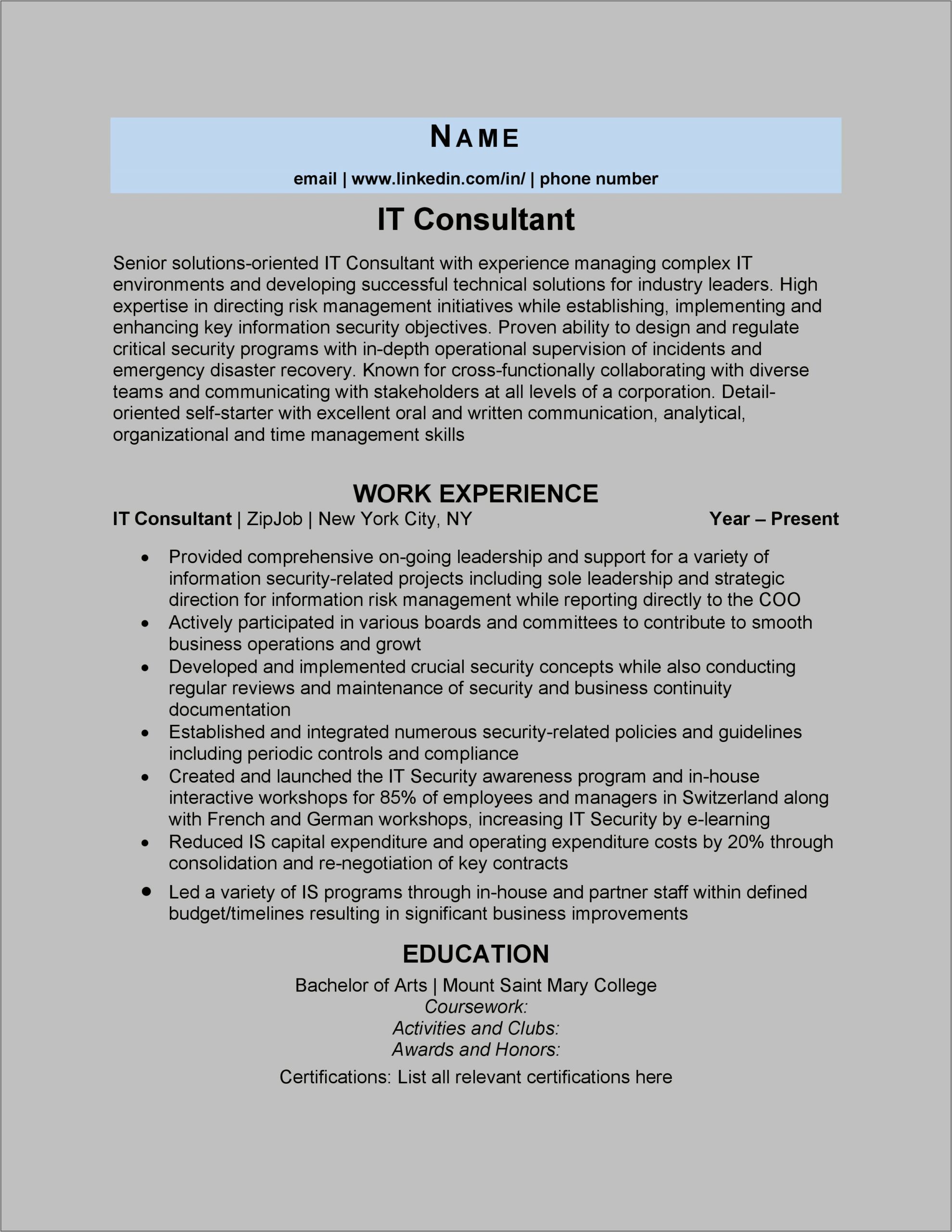 It Service Management Consultant Resume