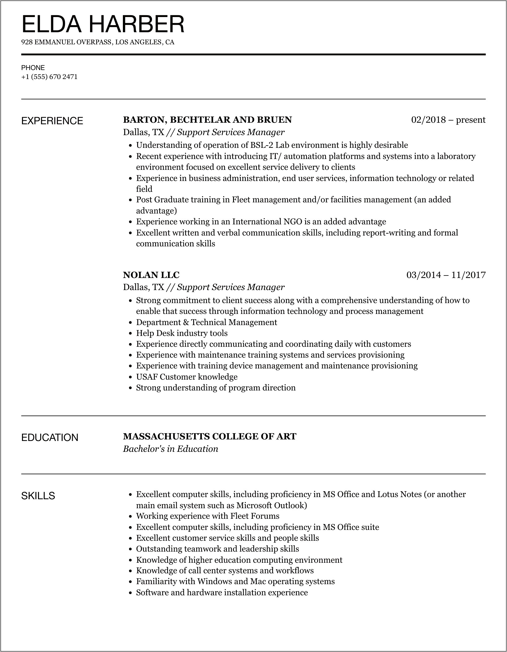 It Support Services Manager Resume
