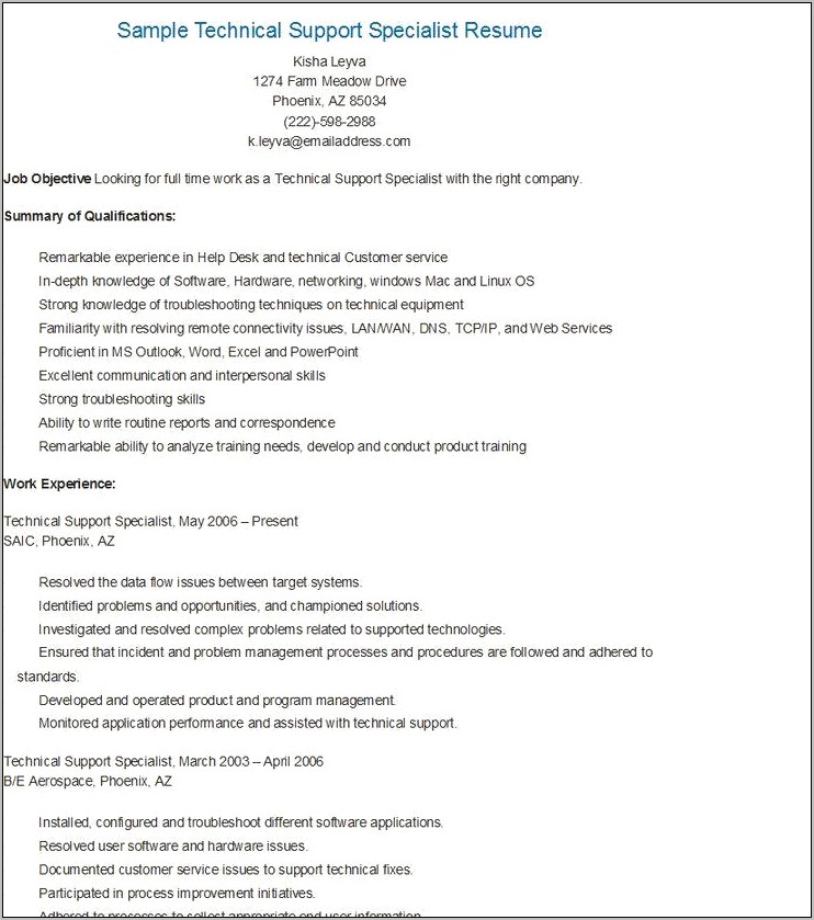 It Support Specialist Resume Example