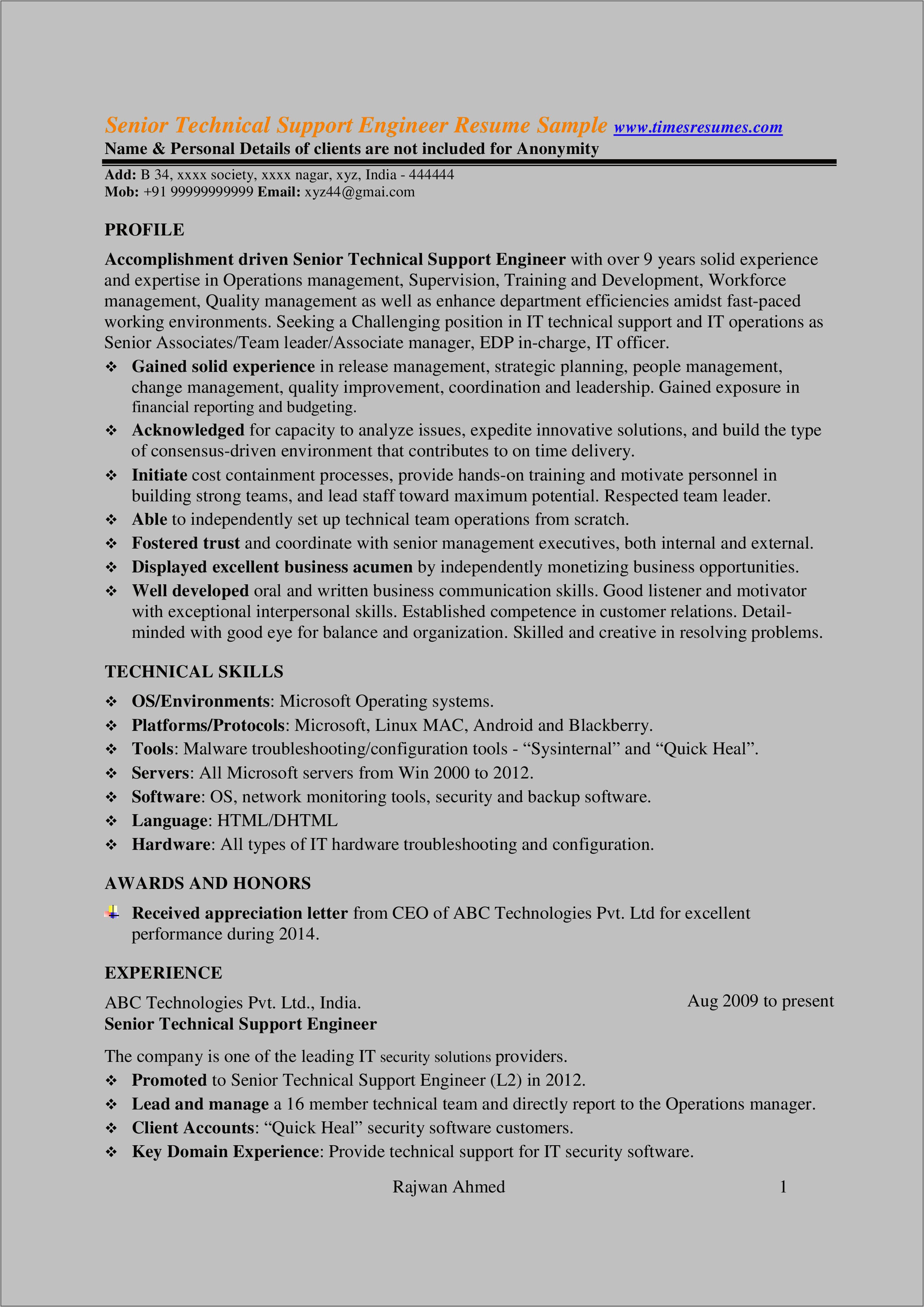 It Tech Support Resume Sample