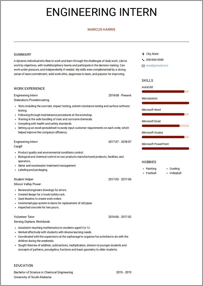 Job Descripion Resume Engineering Inter