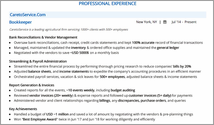 Job Description Accounting Bookeeper Resume