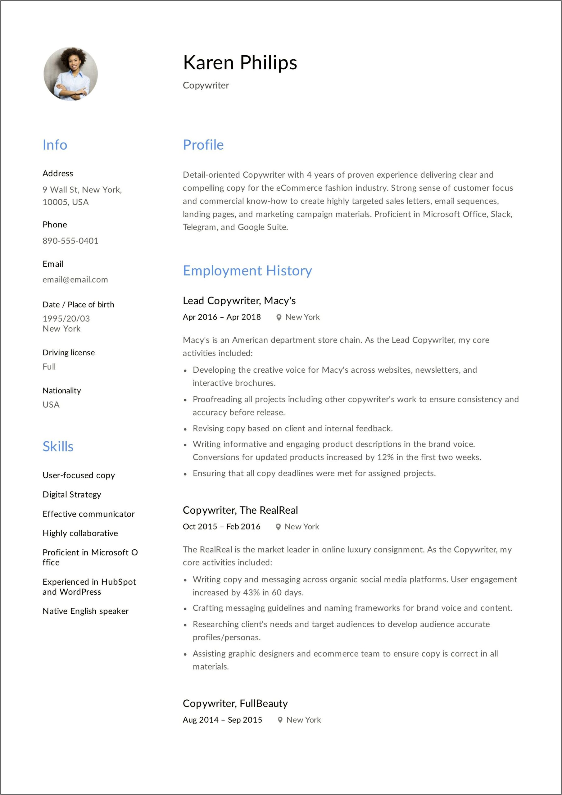 Job Description For Copywriter Resume