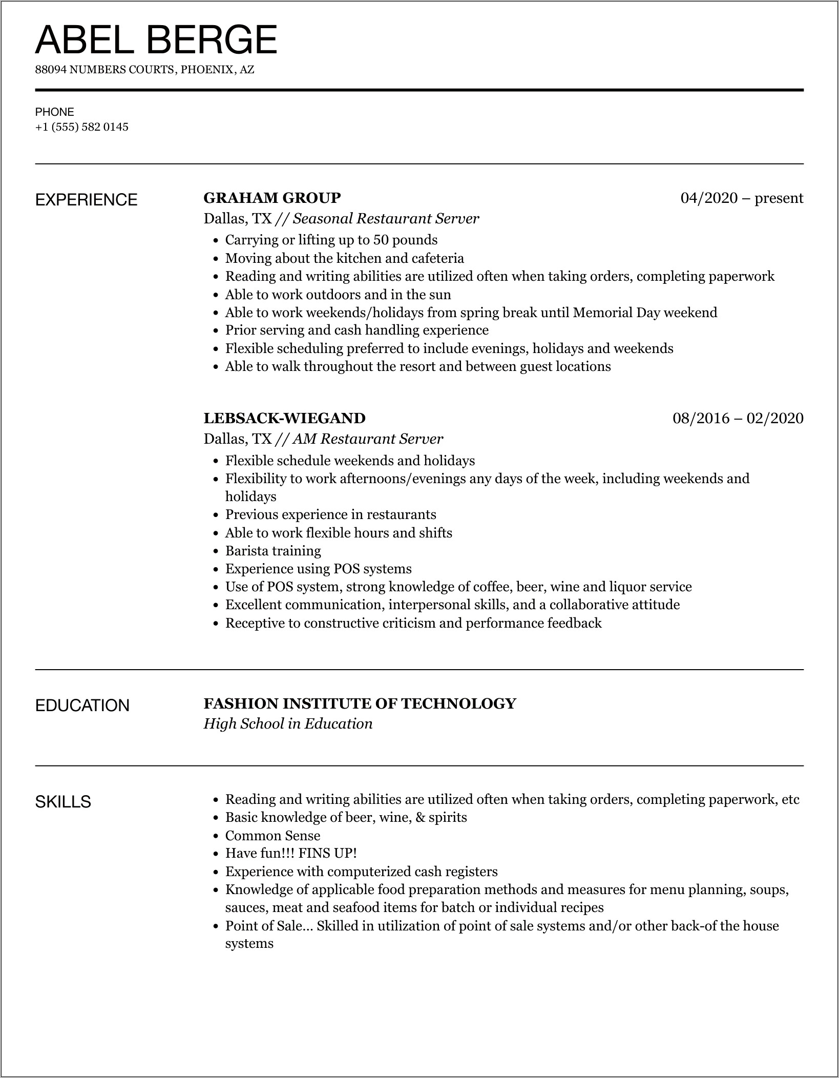 Job Description Restaurant Server Resume