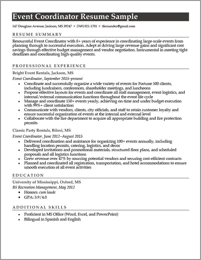 Job Description Resume Event Coordinator