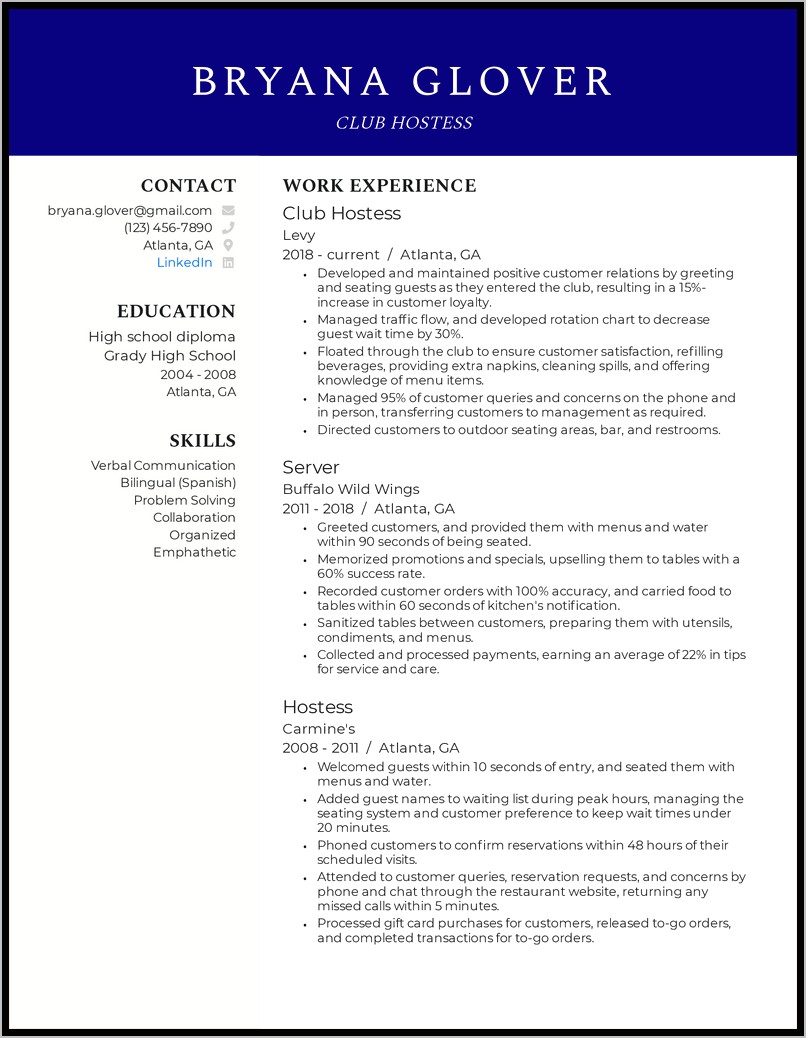 Job Descriptions For Resume Hostess