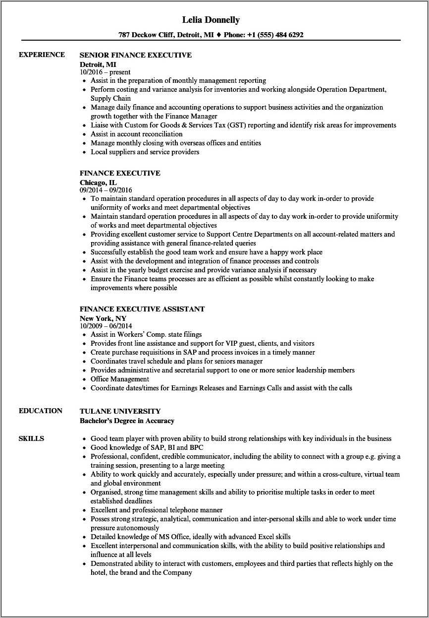 Job Objectives For Resume Finance