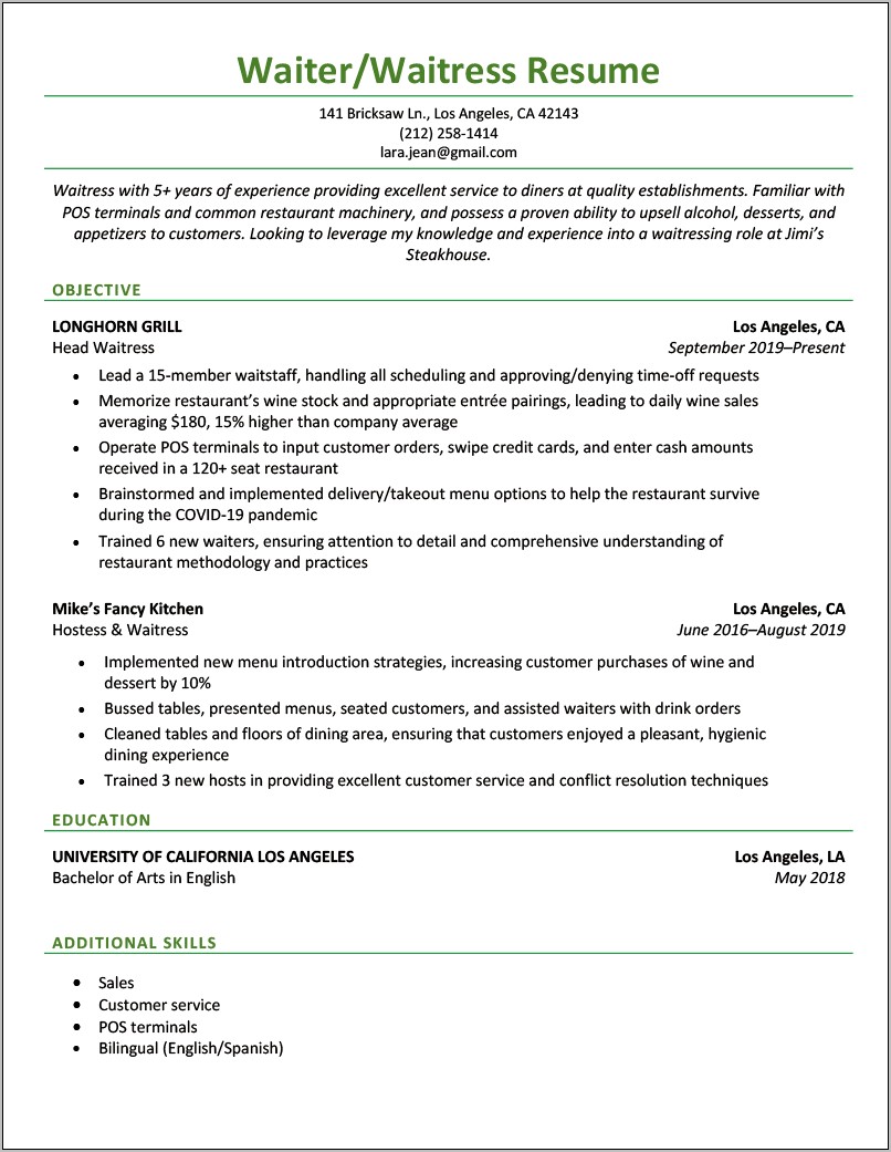 Job Resume Examples For Restaurant