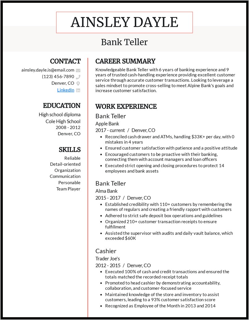 Job Resume For Bank Teller