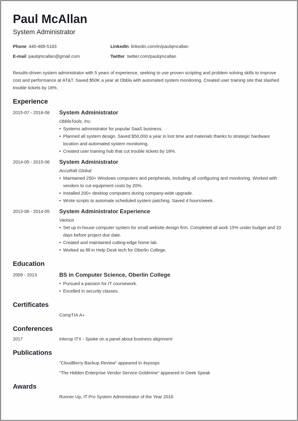 Junior Systems Administrator Resume Sample