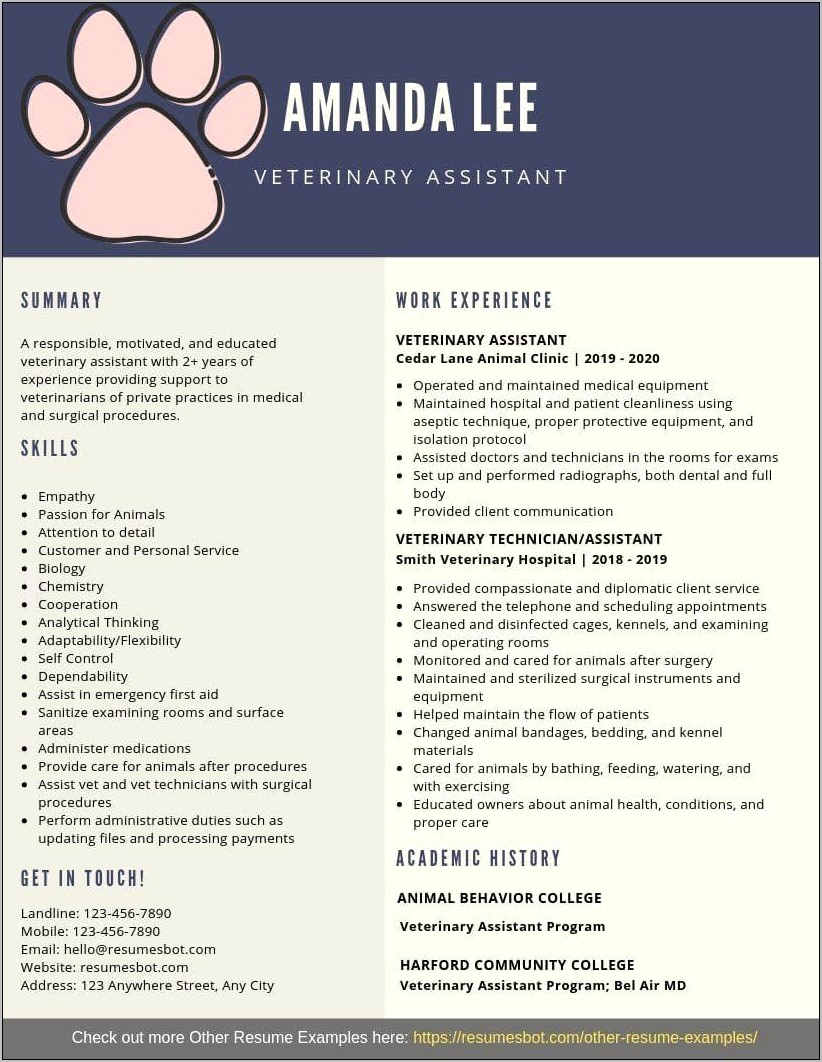 Kennel Tech Resume Experience Examples