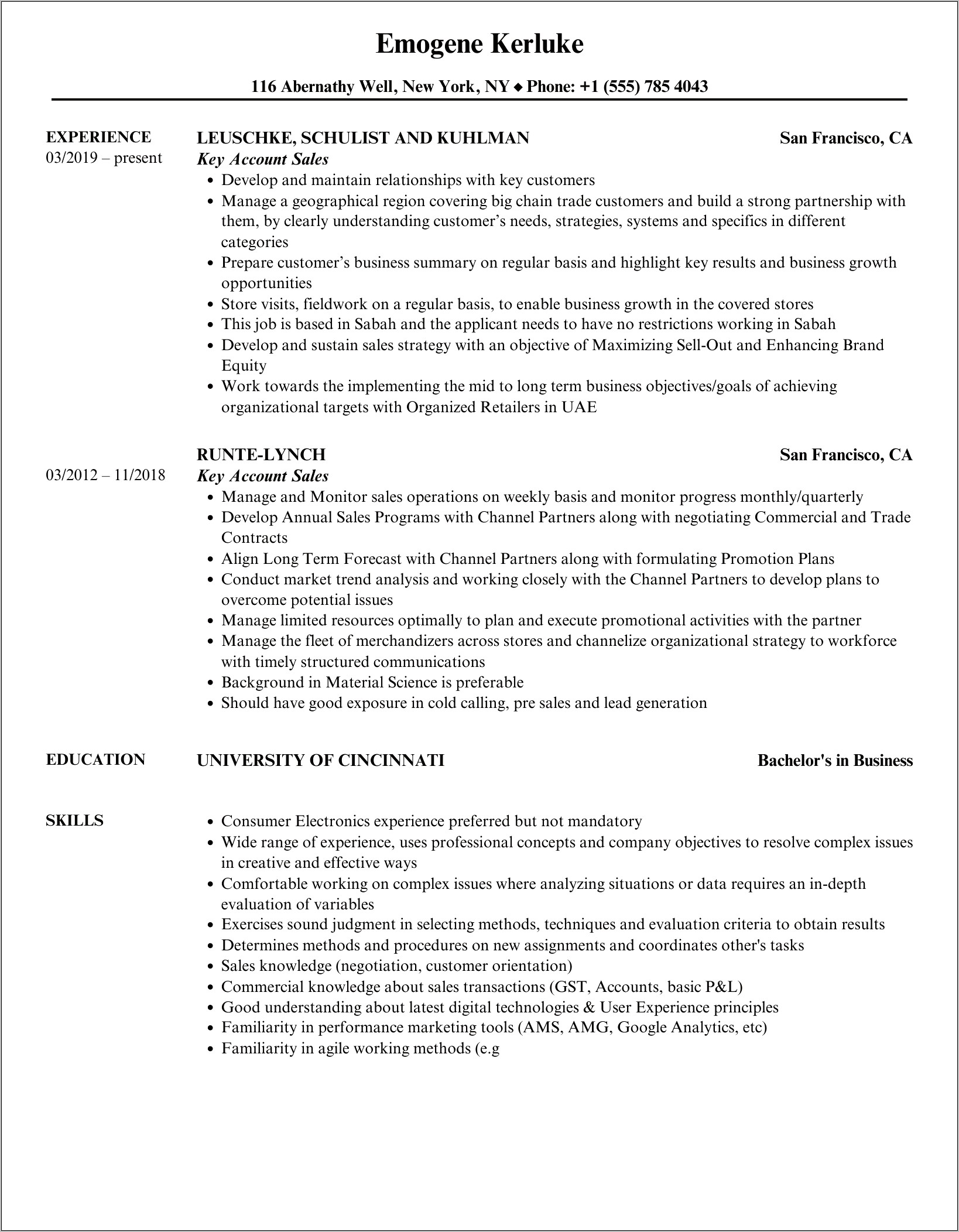 Key Account Manager Sales Resume