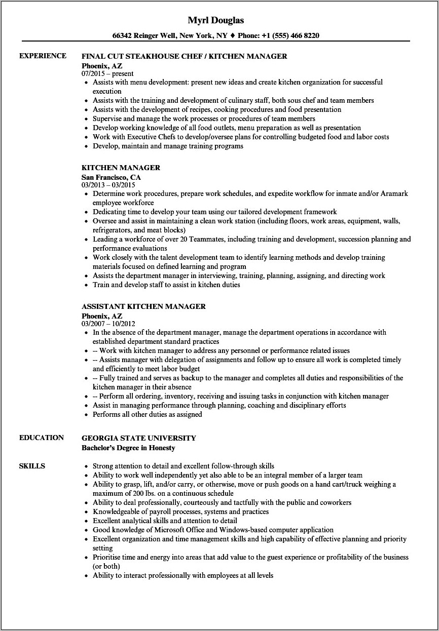 Kitchen Manager To Gm Resume
