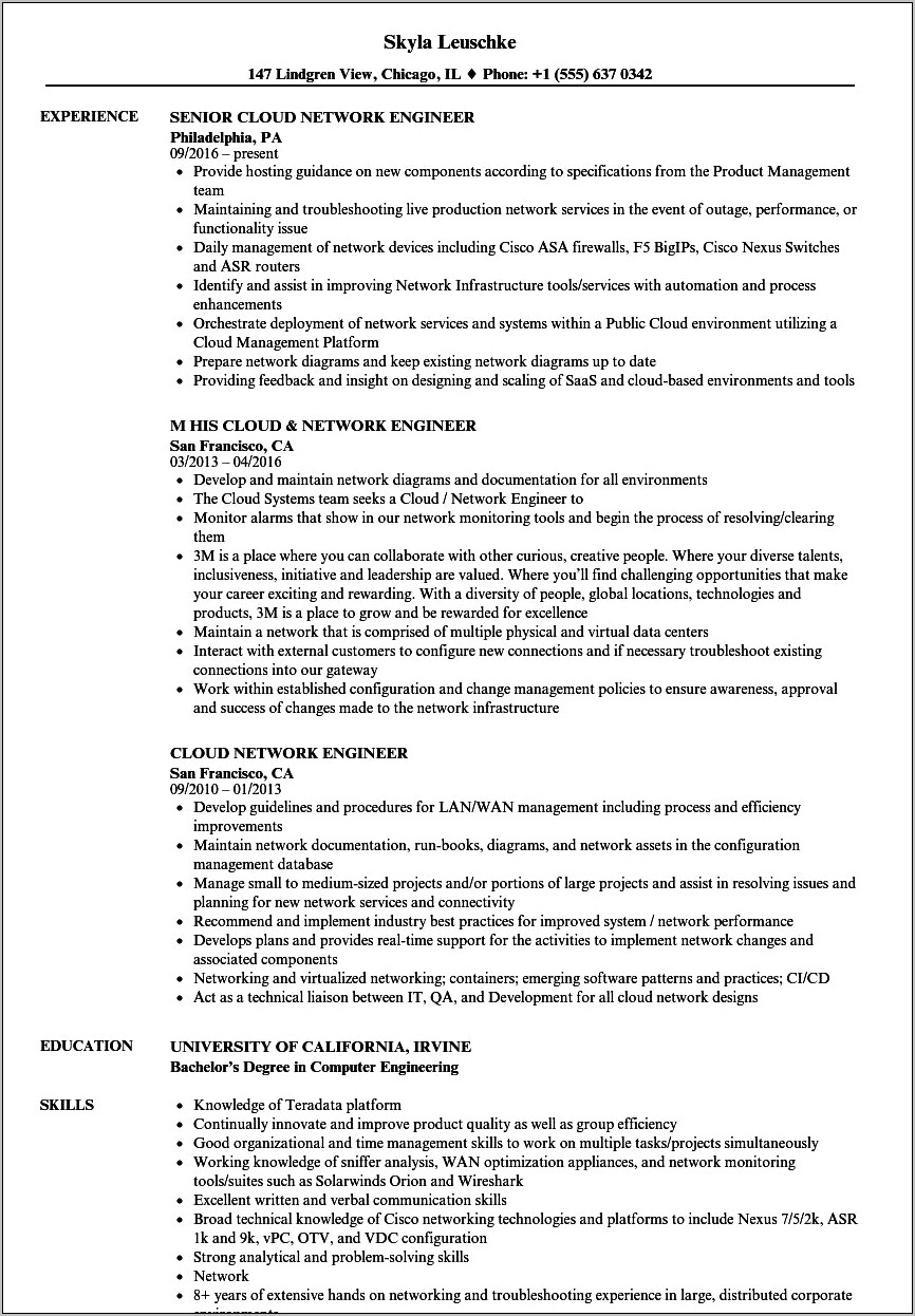 L2 Network Engineer Sample Resume