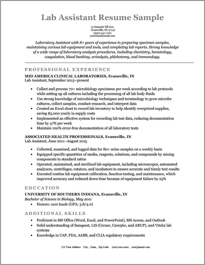 Lab Tech Job Description Resume