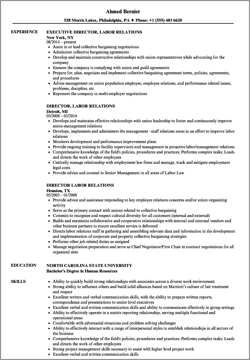 Labor Relations Specialist Resume Example