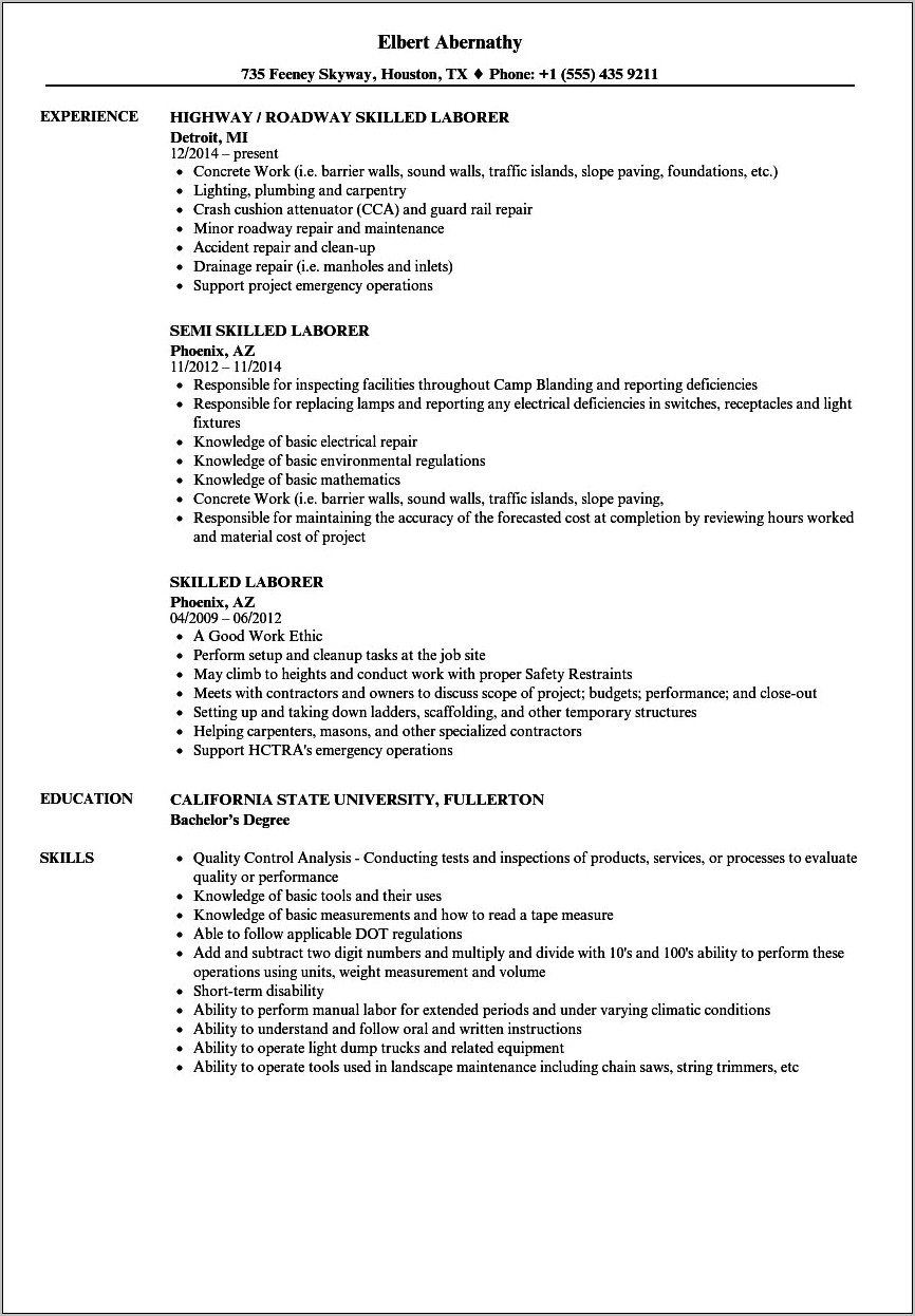Laborer Job Description For Resume