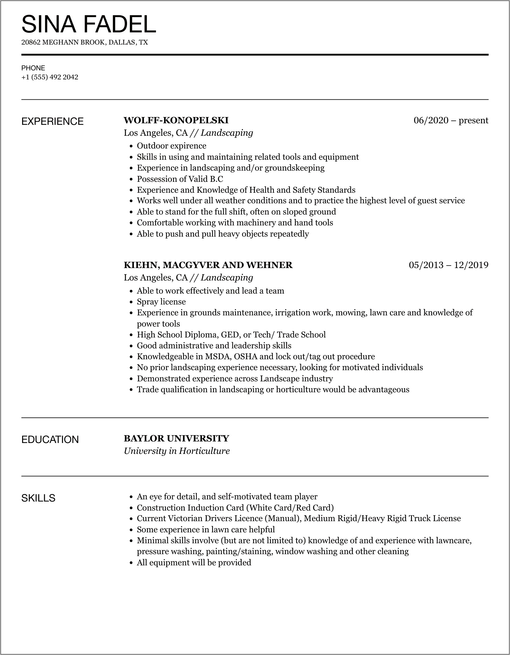 Landscape Supervisor Job Description Resume