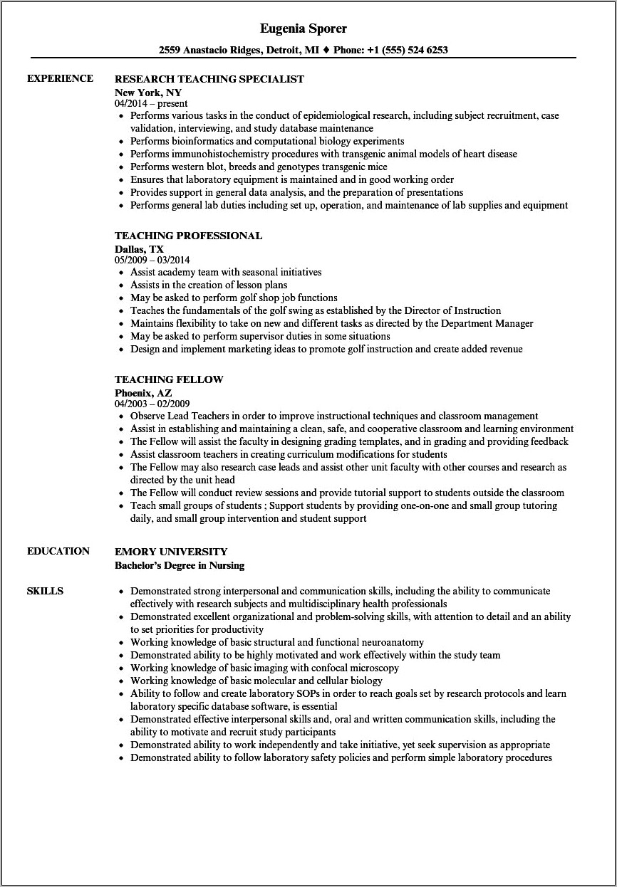 Lateral Entry Teacher Resume Example