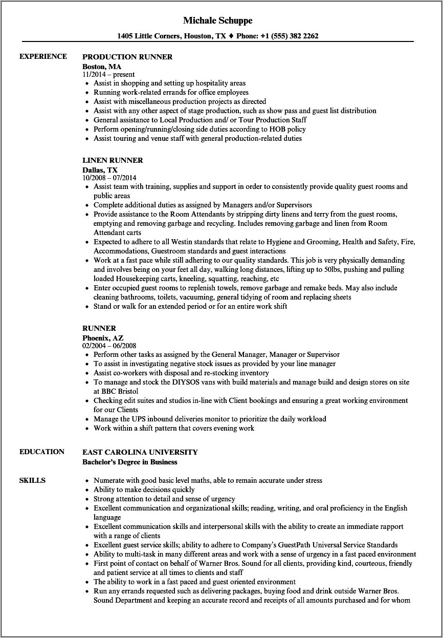 Law Firm Runner Resume Example