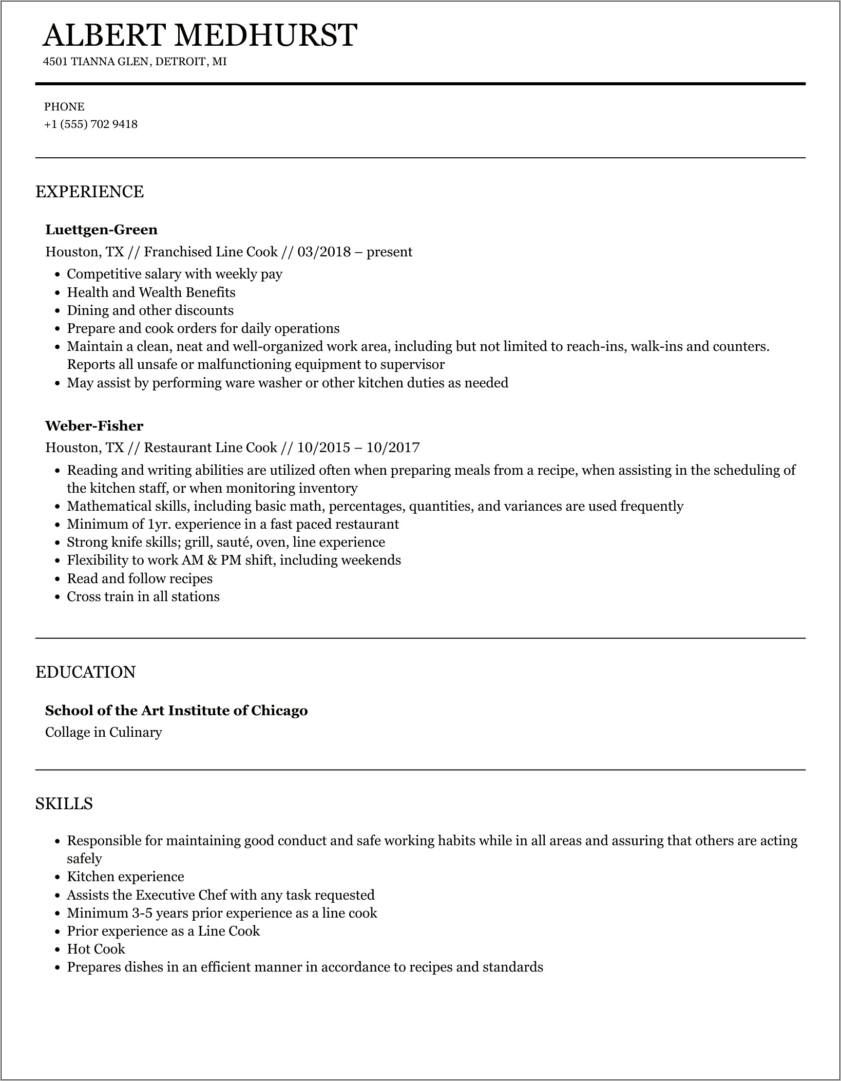 Lead Line Cook Resume Examples