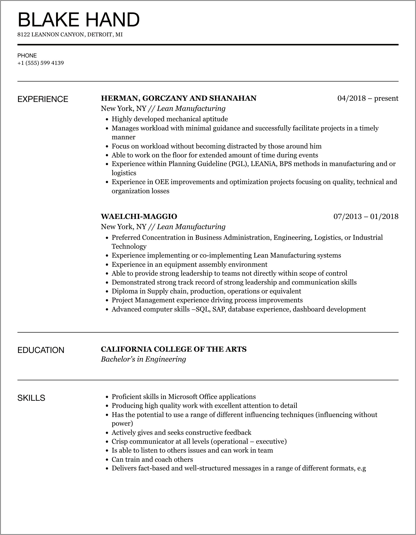 Lean Management Trained On Resume
