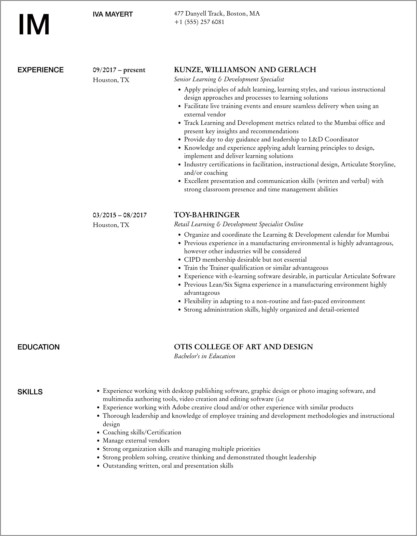Learning And Development Resume Objective