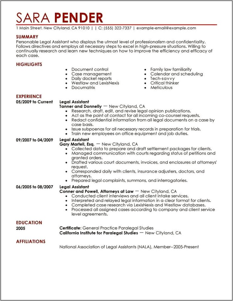 Legal Assistant Resume Sample Free