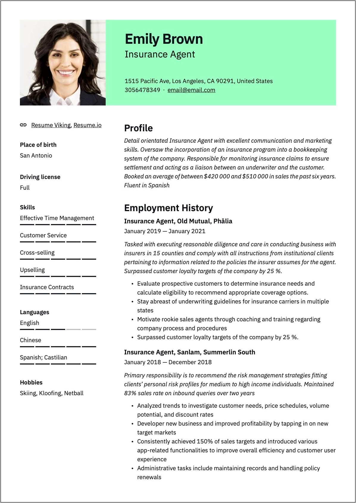 Licensed Insurance Agent Resume Example