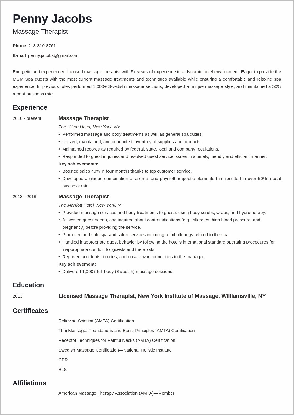 Licensed Massage Therapist Resume Examples
