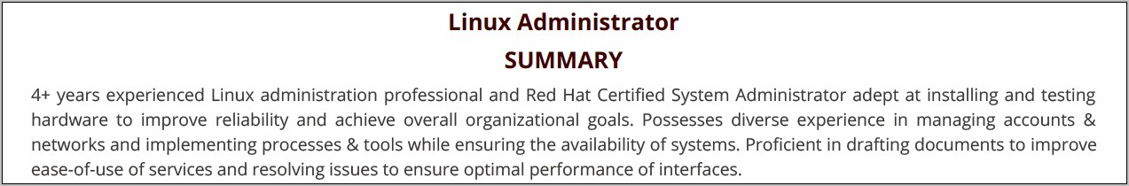 Linux Admin Resume Sample India