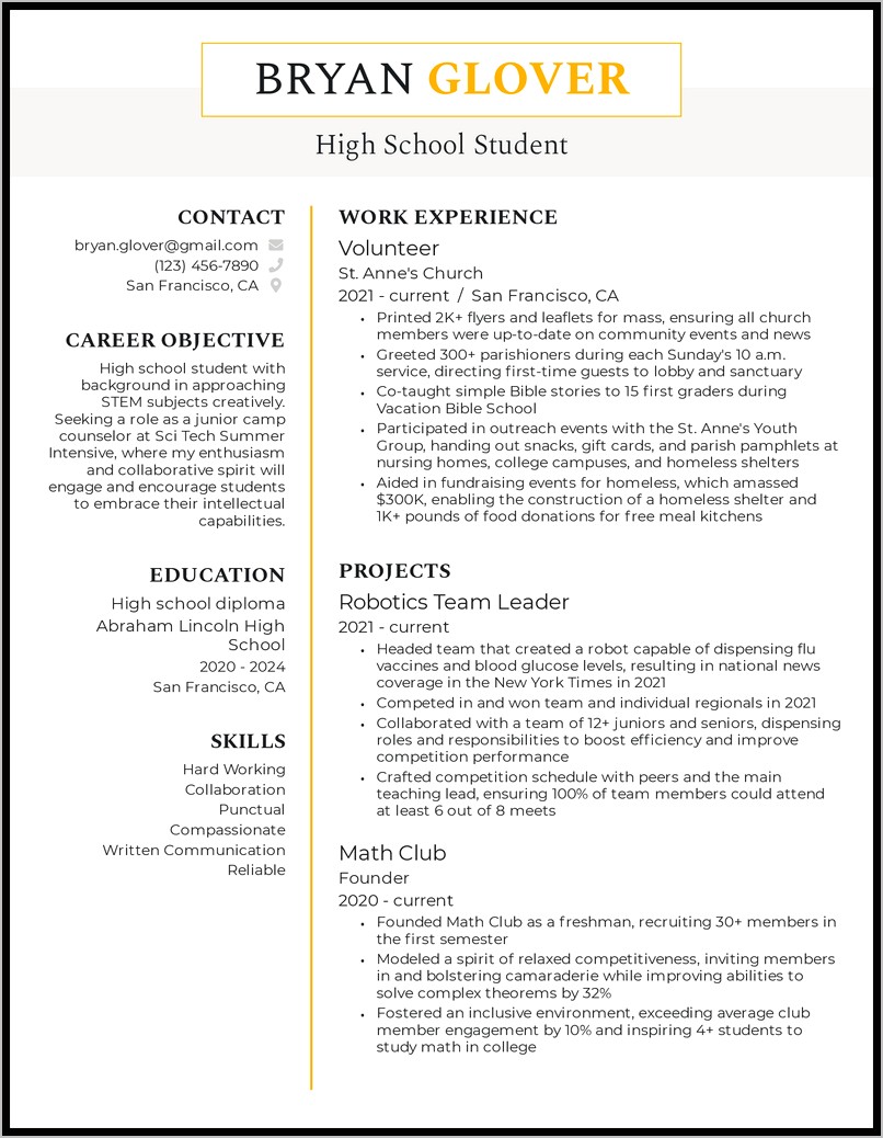 List High School Job Resume