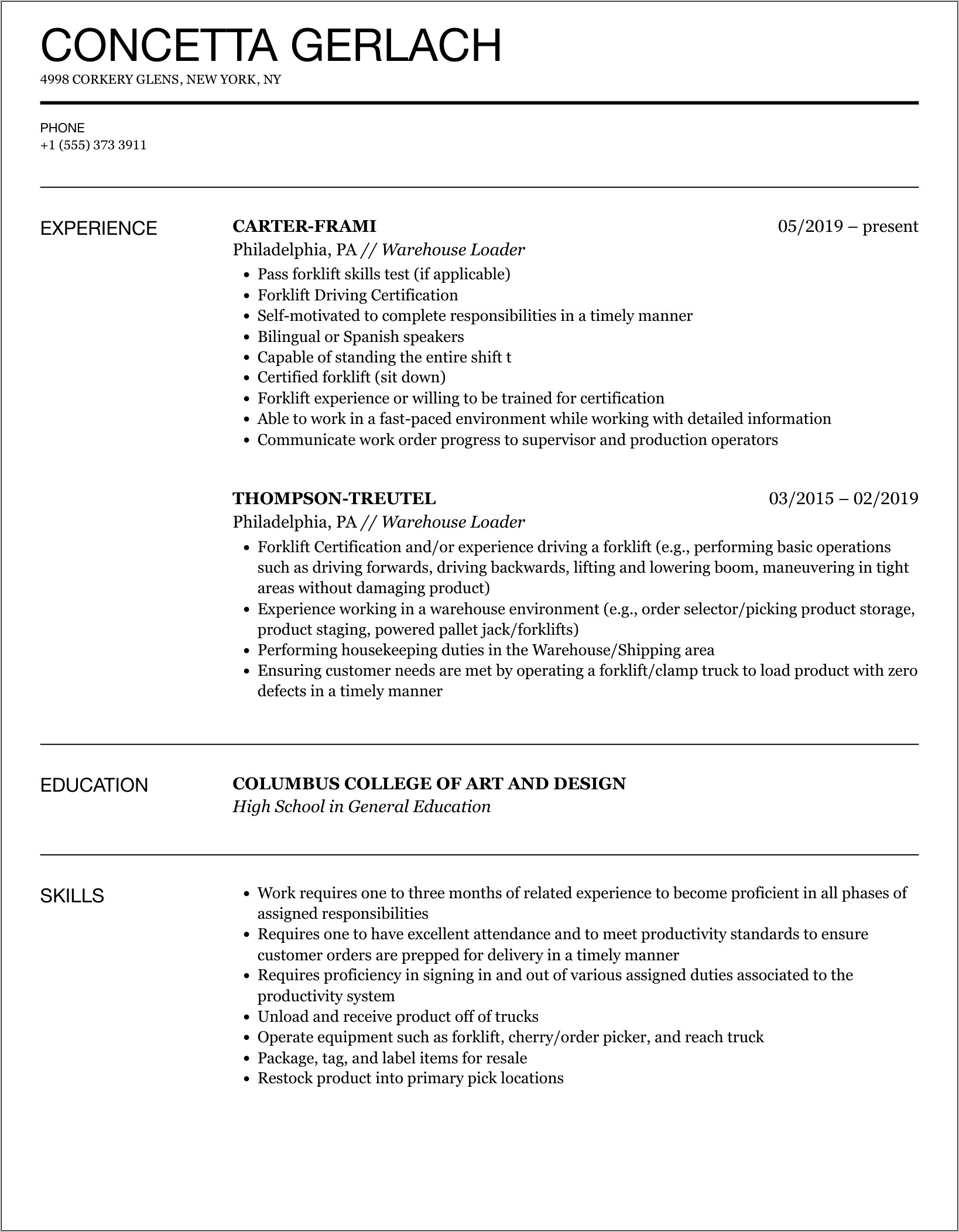Loader Unloader Job Description Resume