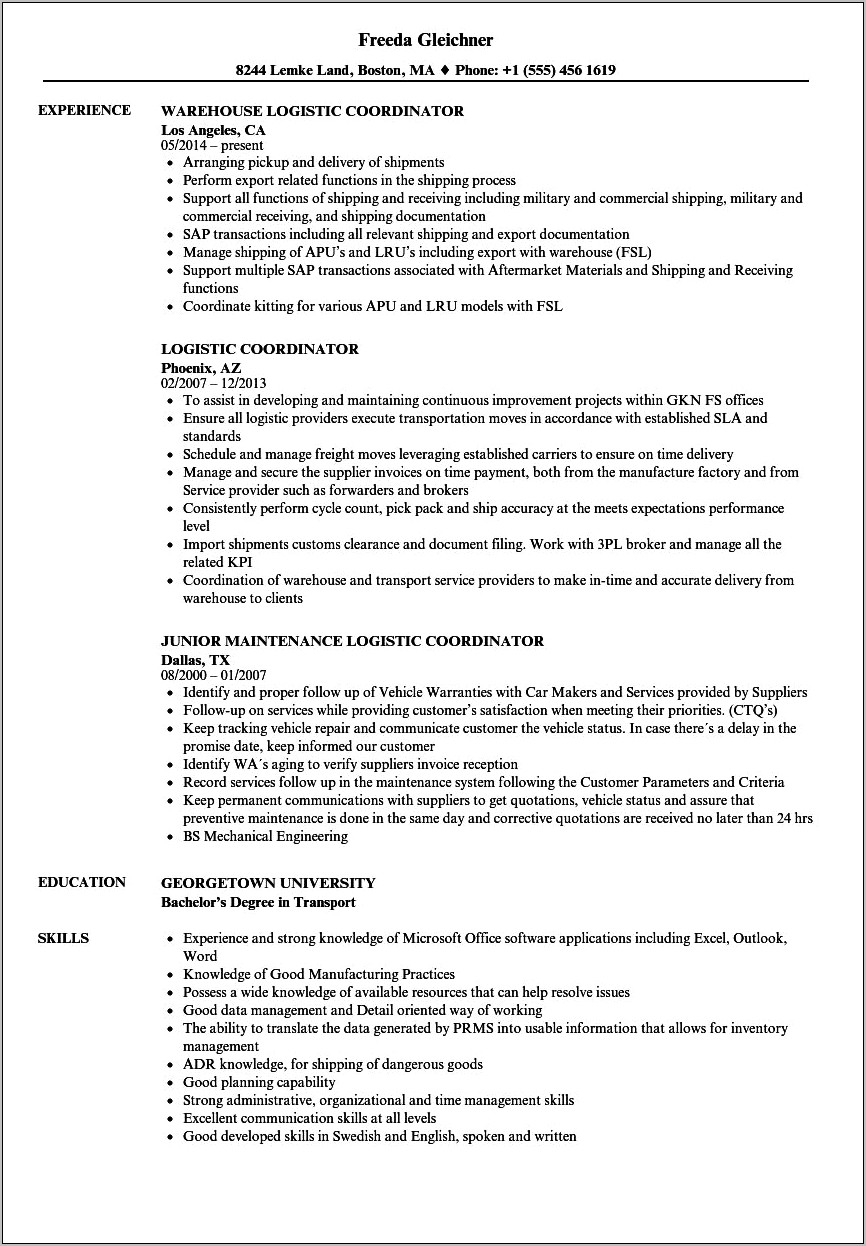 Logistics Coordinator Job Description Resume