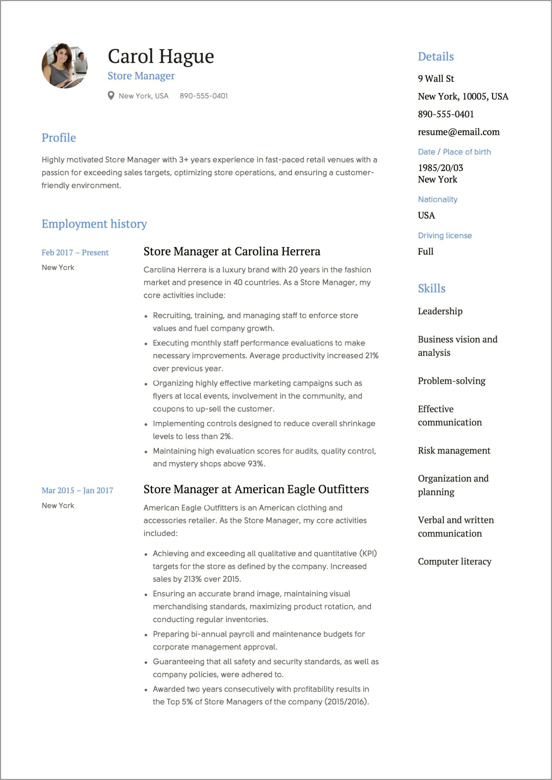 Luxury Retail Store Manager Resume