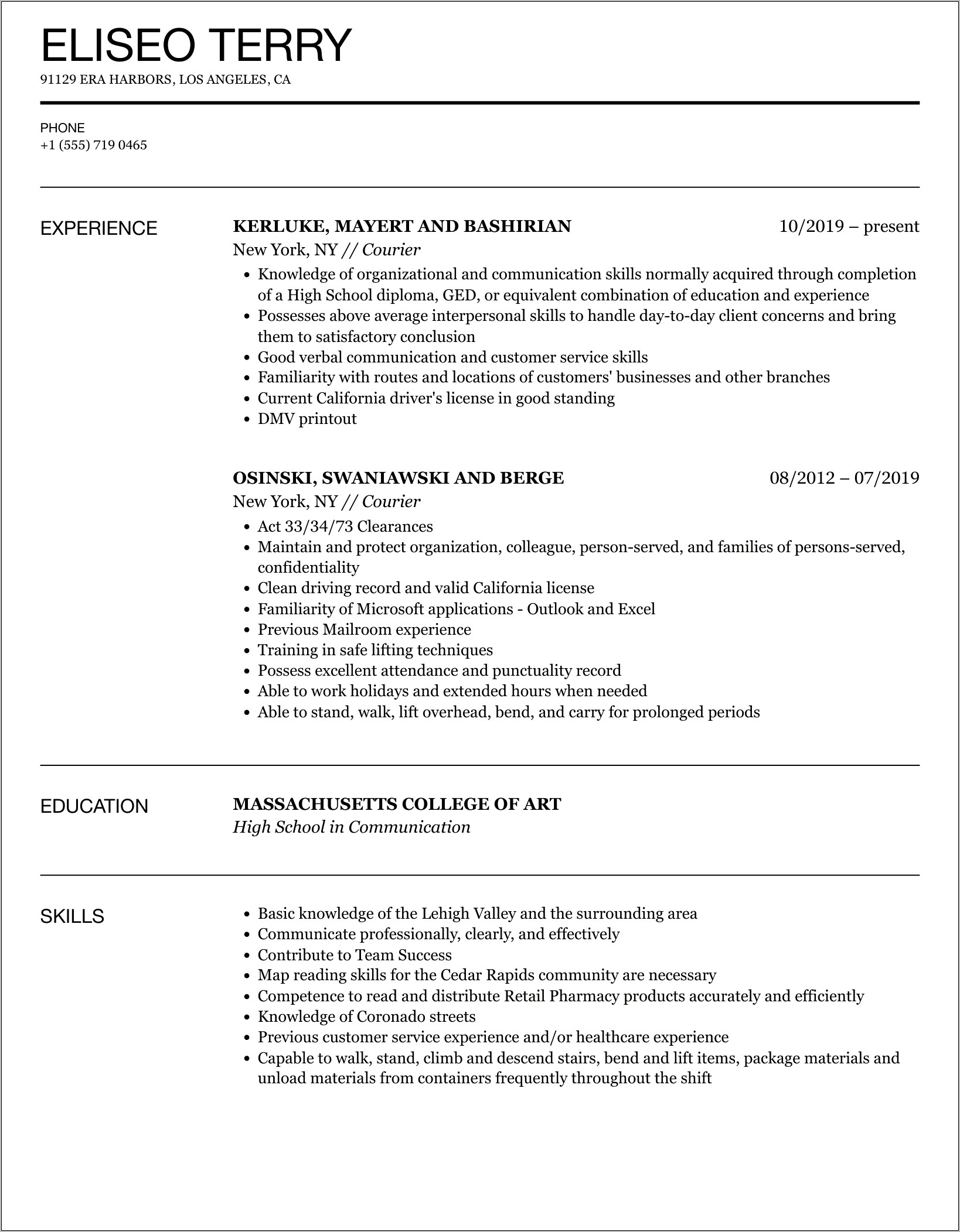 Mail Carrier Job Description Resume