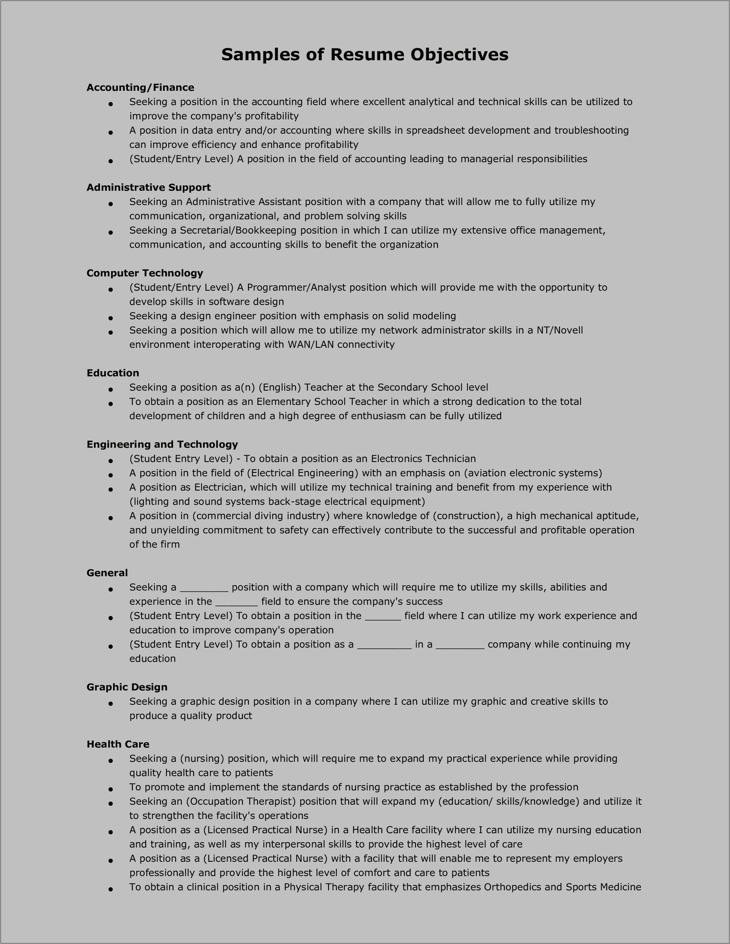 Main Objectives On A Resume