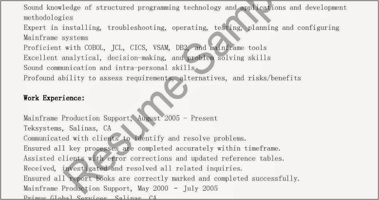 Mainframe Production Support Resume Sample