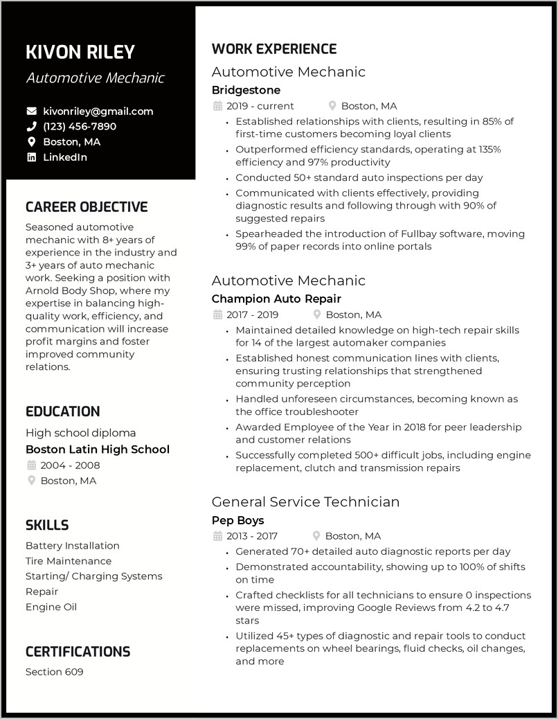 Maintenance Position Objective For Resume