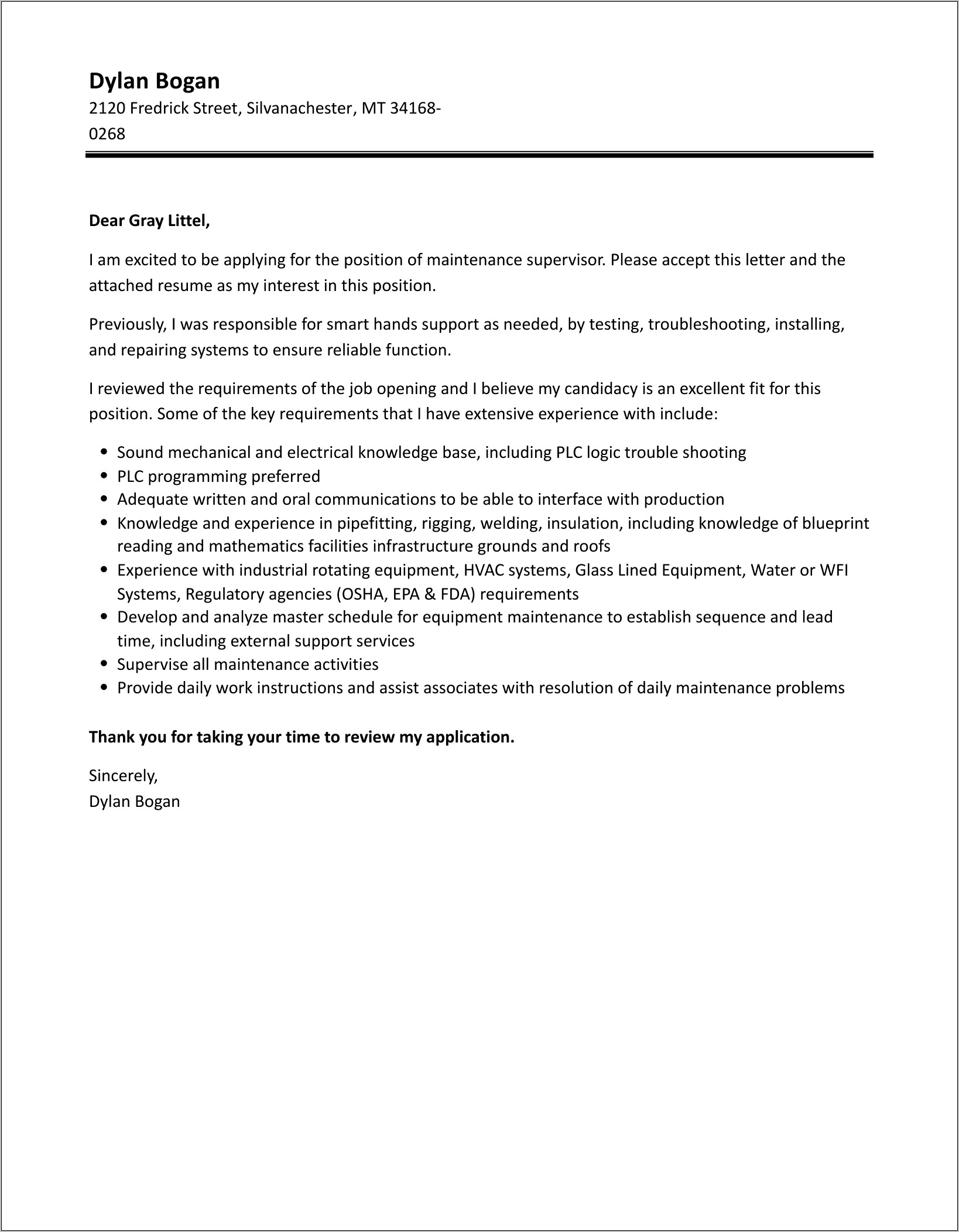 Maintenance Resume Cover Letter Examples