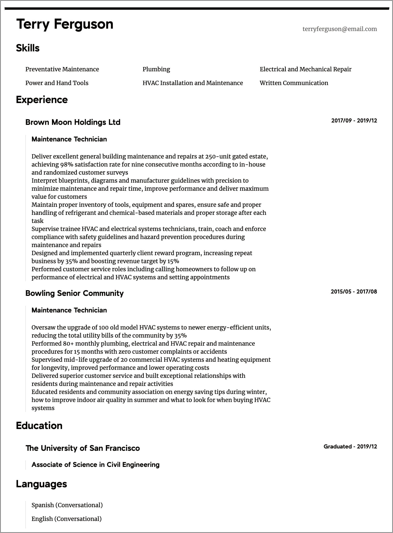 Maintenance Tech Job Description Resume