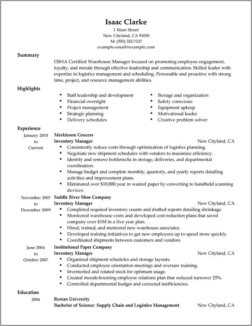 Manage Inventory Job Description Resume