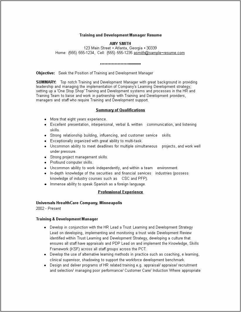 Manager Learning And Development Resume