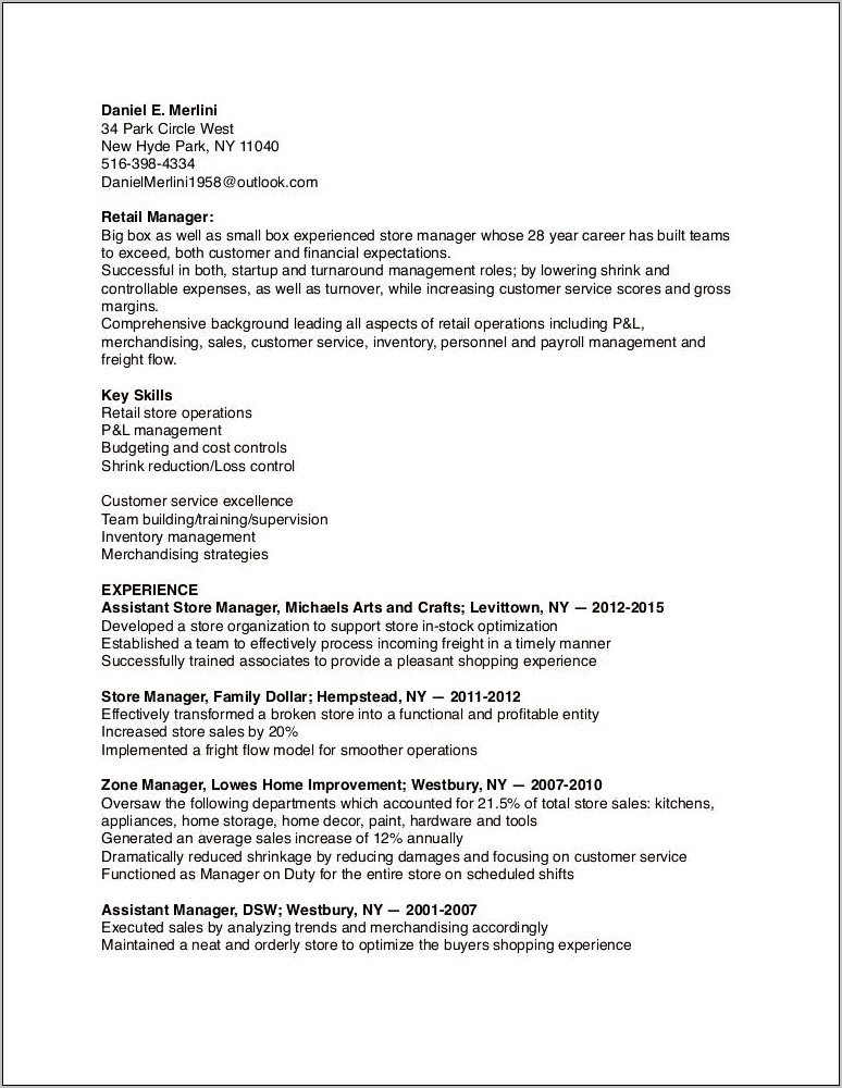 Manager Of Appliance Store Resume